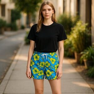 Vintage Xelosette Blue Yellow Floral Handmade California Surf Shorts